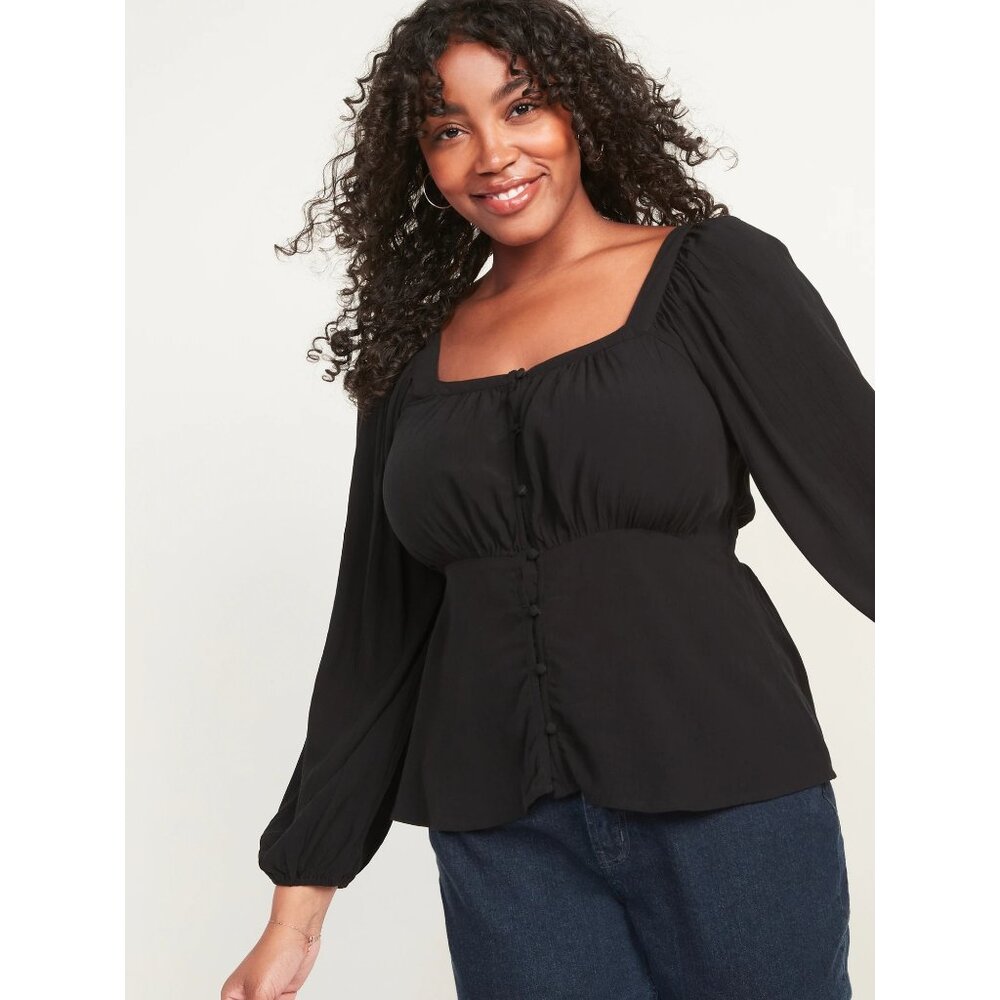Old Navy Womens Plus 3X Black Peasant Blouse Button Up Square Neck Shirt Top